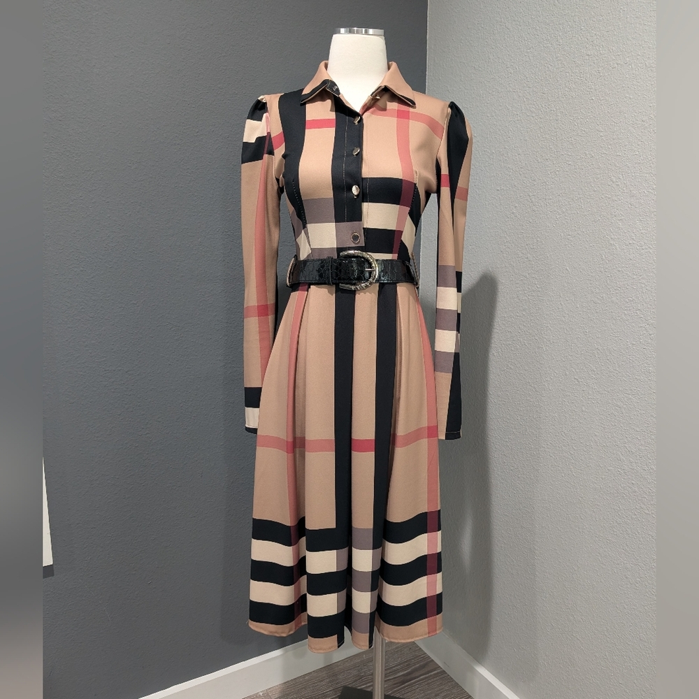 Vintage Tan Black and Pink Plaid Midi Dress
